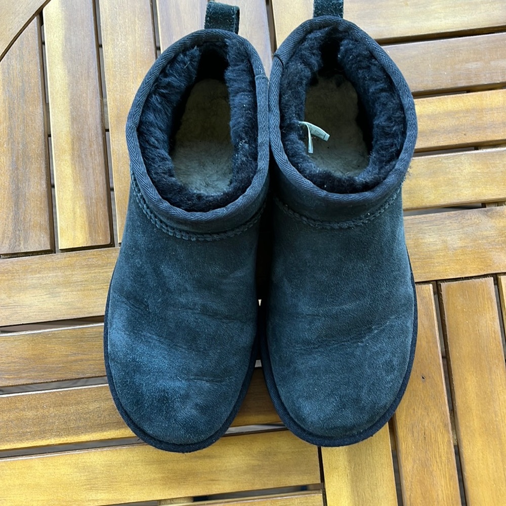 Black Ugg Ankle Boots; “classic ultra mini boot”